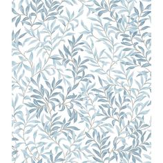 a blue and white wallpaper with leaves on the top, in shades of grey