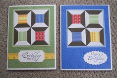 two birthday cards with the same design on them, one has a quilt pattern and the other has a happy birthday message