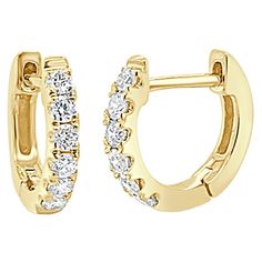 Simple yet stunning, these Diamond huggie hoops are crafted from 14k gold with 13 glittering white 0.18 ct. of diamonds. Each delicate U-shaped hoop features a single line of white diamonds, pave-set across the face in a gorgeous display. -14K Gold -0.18 ct. White Diamonds -Natural Round White Diamonds -Diamond Color GH -Clarity SI1 -Gift Box Included 14k Gold Brilliant Cut Diamond White Hoop Earrings, 14k Gold Diamond White Hoop Earrings With Brilliant Cut, Diamond White 14k Gold Hoop Earrings With Diamond Accents, Yellow Gold Hoop Diamond Earrings With Prong Setting, Formal Diamond Huggie Earrings With Pave Setting, 14k Gold Hoop Diamond Earrings With Pavé Setting, Diamond Hoop Earrings With Prong Setting In Yellow Gold, 14k Gold Hoop Diamond Earrings With Pave Setting, Diamond Prong Set Yellow Gold Hoop Earrings