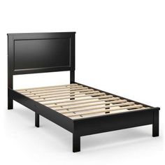 a black bed frame with wooden slats