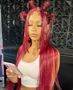 Colored Curly Hair Wig, Aesthetic Hair With Bangs, Wig Hairstyles Burgundy, Black Lace Front Hairstyles, Hairstyles On Wigs, Red Wig Styles, Quick Weave Color, Y2k Braids Hairstyles, Biker Hairstyles