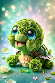 a green stuffed animal with blue eyes sitting on the ground surrounded by flowers and petals