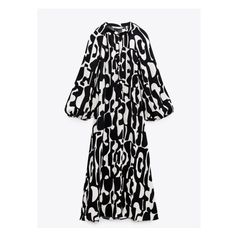 Viscose midi dress. Round collar with V-neck, long balloon sleeves, and elastic cuffs. Asymmetric hem. Front button closure. Long Balloons, Abaya Fashion, Long Puff Sleeves, Printed Midi Dress, Balloon Sleeves, Asymmetric Hem, Round Collar, Puff Sleeve, Access Denied