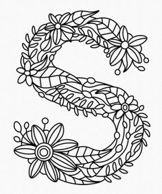 the letter s is made up of flowers and leaves, which are outlined in black ink