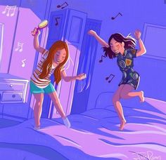 two girls jumping on a bed with music notes in the background and an open door