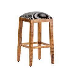 a wooden stool with a black and white striped seat cover on it's back