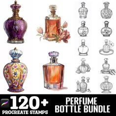 the perfume bottles are drawn in different styles