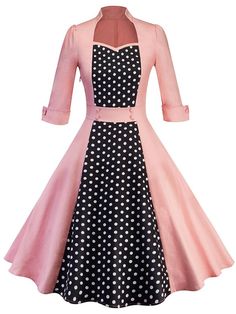 1950s Polka Dot Patchwork Dress – Retro Stage - Chic Vintage Dresses and Accessories Housewife Dress, Unique Clothes, Vintage Midi Dresses, Retro Vintage Dresses, Casual Party Dresses, Party Kleidung, Ribbed Dress, Tartan Dress, Rockabilly Dress