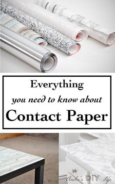 there are many different types of paper on the table and in front of it is a white box with black lettering that says everything you need to know about contact paper