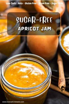 two jars of sugar - free apricot jam with cinnamon sticks and apples in the background