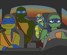 teenage mutant turtles are sitting in the back seat of a car with their heads turned to look like they're smiling