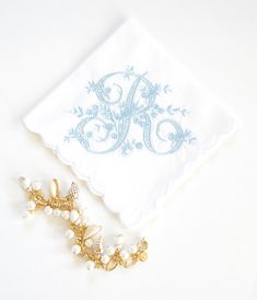 Monogrammed Handkerchief, Monogrammed Handkerchiefs, Single Letter Monogram, Embroidered Hankies, Something Blue Bridal, Embroidered Handkerchief, Vintage Font, Monogrammed Gifts, Cotton Anniversary