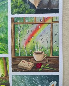 four different pictures with coffee, flowers and an umbrella in the rain on a window sill