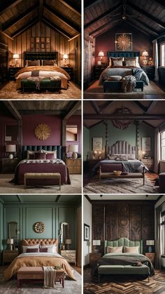 four different pictures of a bedroom with wood paneling and green walls, including a large bed