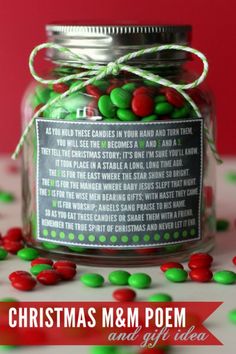 a jar filled with green and red candies