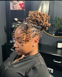 Bun Hairstyles With Locs, Bra Strap Length Loc Styles, Bun Styles For Locs, Shorter Loc Styles, Updo Retwist Styles, Up Do Dreadlocks Styles For Women, Women Starter Locs Styles, Curled Locs Black Women, Medium Length Loc Updo Styles For Women