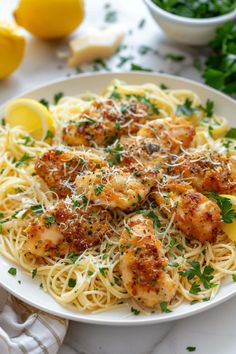 pasta with shrimp and parmesan cheese on a white plate next to lemons