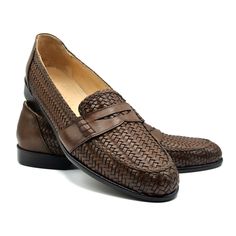 Nicola Woven Italian Calfskin Penny Loafer in Cognac by Zelli Italia Exotic Shoes, Basket Woven, Mens Designer Shoes, Italian Shoes, Penny Loafer, Leather Weaving, Penny Loafers, Handmade Shoes, Luxury Shoes