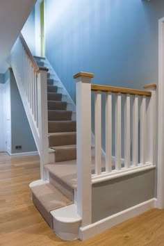 an empty staircase leading up to the second floor in a house with blue walls and hardwood floors