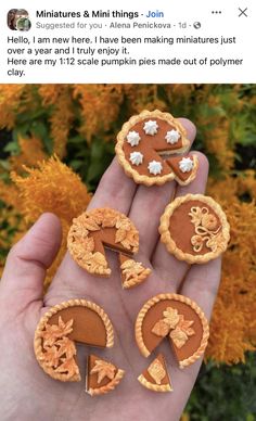 someone is holding some miniature pies in their hand, and they are made out of polymer