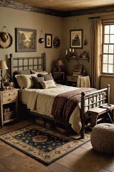 a bed room with a neatly made bed next to a window and rugs on the floor