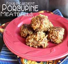 four ingredient porcupine meatballs on a red plate