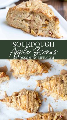 a close up of some food on a plate with the words sourdough apple scones