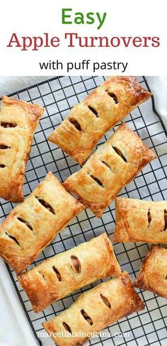 apple turnovers on a cooling rack with text overlay reading easy apple turnovers with puff pastry