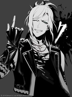 an anime character with long blonde hair and black leather jacket holding two fingers up in the air