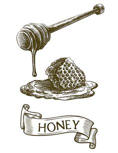 honey on a plate with a spoon and banner