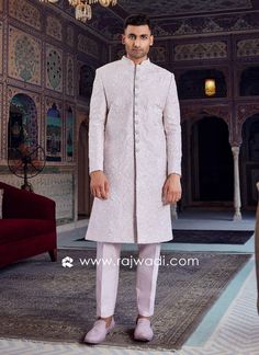 Luxury Onion Pink Sherwani Set With Intricate Embroidery...