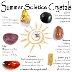 * Litha, Summer Solstice, Carnelian, Citrine, Garnet, Ruby, Sunstone, Imperial Topaz Crystals For Litha, Summer Solstice Crystals, Witches Sabats, Litha Crystals, Litha Crafts, Summer Equinox, Summer Solstice Party, Solstice Festival