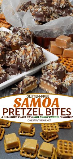 chocolate covered pretzel bites on a table with text overlay that reads gluten - free samoa pretzels