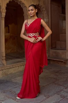 Red pre-draped saree with a red border. Paired with a red hand embroidered padded blouse and hand embroidered scalloped belt - Aza Fashions Draped Saree, Padded Blouse, Drape Saree, Red Border, Red Saree, Saree With Blouse, Red Silk, Embroidered Silk, Embroidered Blouse