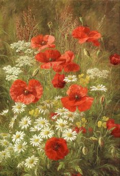 A close up of wildflowers in a field. There are red poppies, daisies, white and yellow flowers and grasses. Some of the poppies are in bud, others full, yet others now turned to pod. Wallpaper Pairs, Clover Painting, Poppies And Daisies, Nature Oil Painting, Fav Wallpaper, Poppy Field Painting, Field Landscape, Oil Painting Nature, Meadow Garden