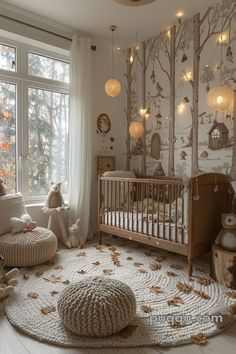 a baby's room decorated in white and brown with lots of lights hanging from the ceiling