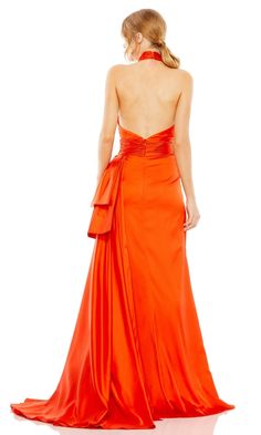 Orange high neck crisscross halter dress with cut out and open back. Orange Formal Dresses, Classic Prom Dress, Mermaid Evening Gown, Trumpet Dress, Dress Drape, Corset Dress Prom, Halter Gown, Backless Prom Dresses, Mac Duggal