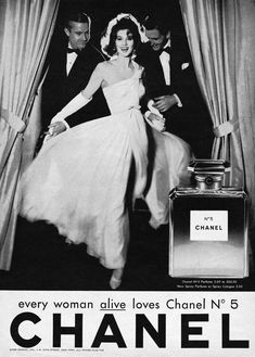 an advertisement for chanel featuring a woman in white dress and man in tuxedo