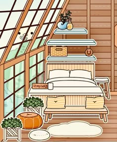 an illustration of a bed in a room with windows and plants on the floor next to it