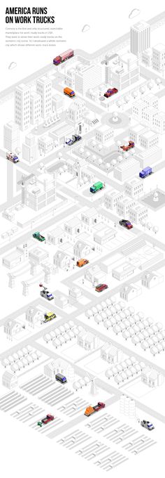 an illustrated map with cars and trucks on the streets in different directions, including buildings