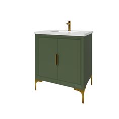 a green cabinet with a white sink and gold faucet on the top, against a white background