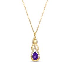 Surprise her with the glamorous look of this striking necklace. Crafted in 10K yellow gold, this radiant cascade showcases a pear-shaped amethyst and ribbons of sparkling round-cut diamonds in a lovely teardrop twist design. With a total diamond weight of 1/5 carat, the pendant suspends along an 18-inch cable chain that secures with a lobster clasp. Twist Necklace, Necklace Clasps, Kay Jewelers, Accessories Jewelry Necklace, Amethyst Stone, Diamond Stone, Round Cut Diamond, Necklace Designs, Cable Chain