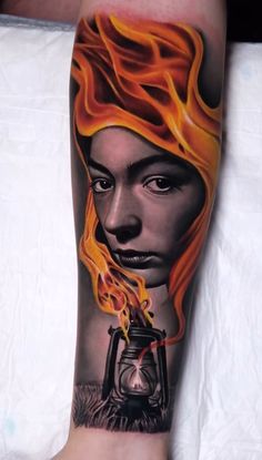 a woman with a clock on her arm and fire coming out of it's face