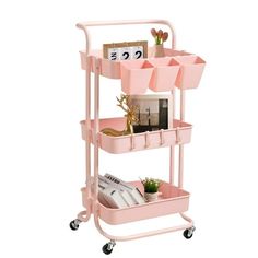 The danpinera 3 tier rolling cart is made of high-quality steel frame and ABS tray. The basket shelves are ABS plastic material, which is strong and durable, waterproof and wear-resistant, and not easily deformed. This rolling storage cart provides 3 tiers of basket shelves and 4 hooks, which provides enough storage space for your daily needs, suitable for the most spaces in your home. This three tier utility cart is designed with four swivel wheels, two of which are lockable, and an ergonomic h Hanging Cups, Craft Office, Organization Shelves, College Bedroom Apartment, Craft Cart, Organization Cart, Rolling Utility Cart, Rolling Storage Cart, Pink Office