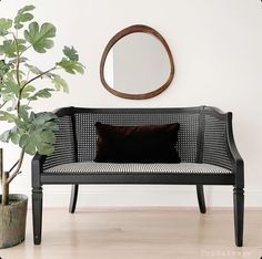 a black and white bench next to a potted plant with a mirror on the wall