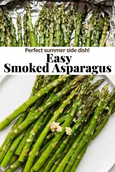 grilled asparagus on a white plate with text overlay