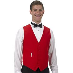 Affordable, stylish, and professional, this Henry Segal men's red basic server vest is the perfect way to complete your staff's uniforms. This vest makes it easy to ensure sophisticated uniformity in your high-end restaurant, banquet hall, casino, or catering operation. This vest is fully lined and tailored specifically for men so your staff always look their best. It also has a full cloth back for a polished, professional look and a five-button front with matching colored buttons for a stylish Waiter Uniform Men, Classic Red Sleeveless Vest, Classic Red Vest For Workwear, Server Outfit Restaurant, Waiter Uniform Design, Waiter Uniform, Restaurant Aprons, Restaurant Uniforms, Staff Uniforms