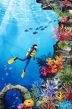 a painting of a scuba diver diving over corals