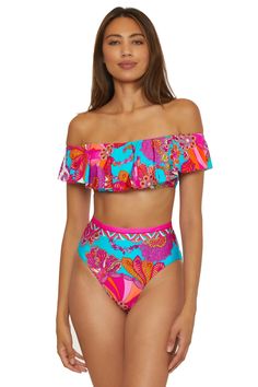 Off-The-Shoulder Bandeau Bikini Top Fitted Swimwear With Removable Cups For Summer, Summer Swimwear With Removable Cups For Swimming, Summer Swimwear With Removable Cups, Multicolor Strapless Swimwear With Floral Print, Multicolor Floral Print Strapless Swimwear, Multicolor Strapless Floral Print Swimwear, Bikini Style, Shelf Bra, Trina Turk