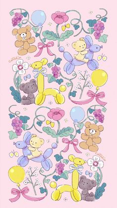 a drawing of teddy bears and balloons on a blue background with green leaves in the middle